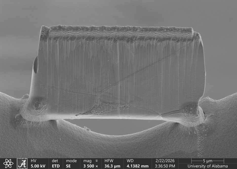 Secondary-electron image of a FIB lift-out lamella welded to a copper grid post, with strong vertical curtaining streaks