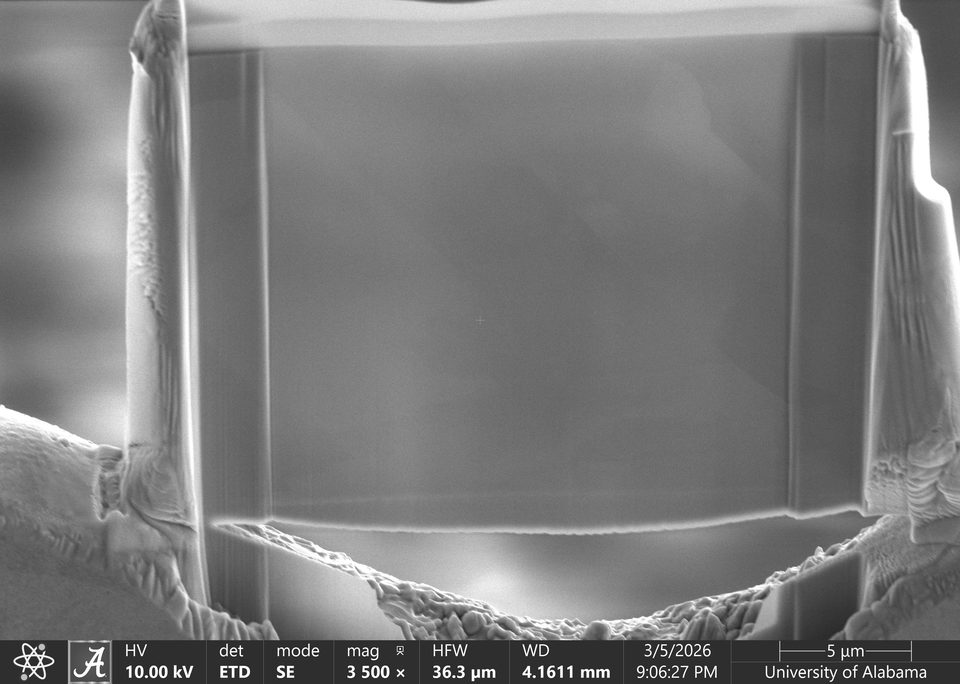 SEM image of a near-final TEM lamella whose free bottom edge is visibly bowed into a shallow curve