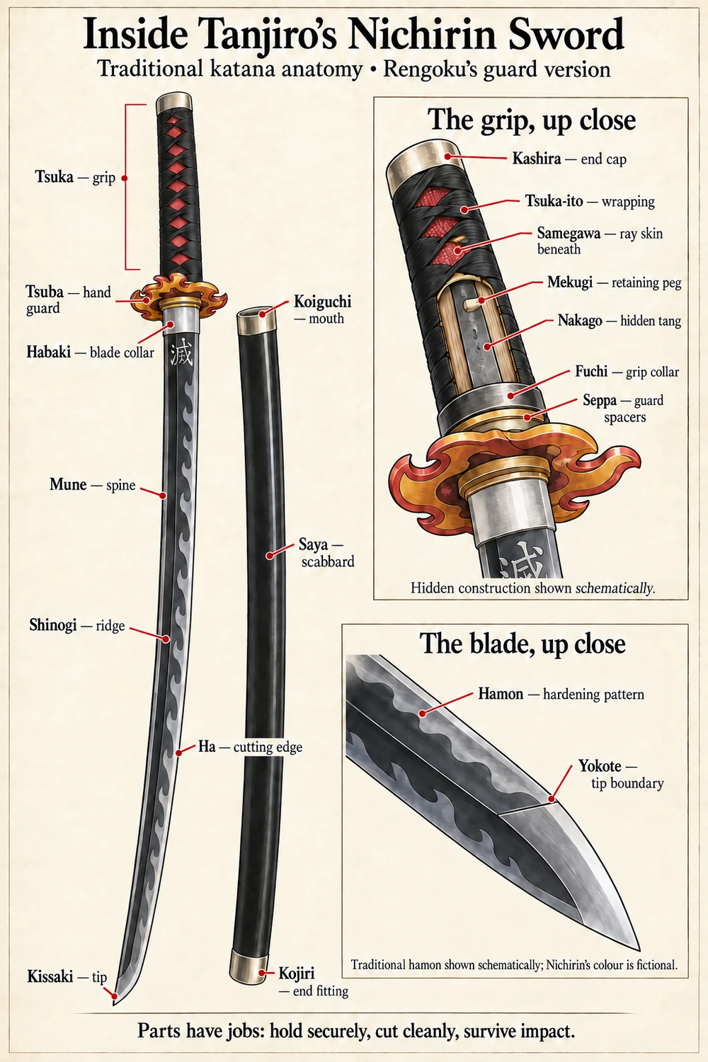 Labelled diagram of Tanjiro's katana: tsuka grip, tsuba guard, habaki collar, mune spine, shinogi ridge, ha cutting edge, kissaki tip and saya scabbard, with close-ups of the grip and the blade